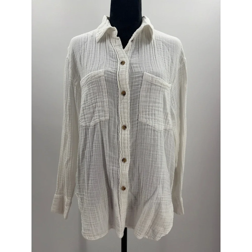 HM White Double Gauze Cotton Button Down Shirt Womens Medium Relaxed Fit Pockets